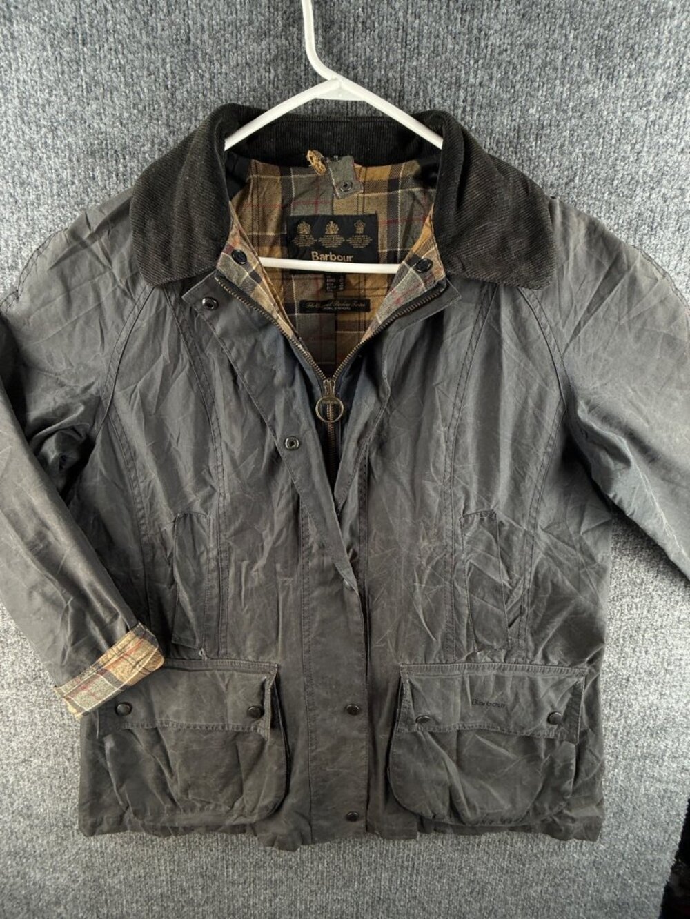 Barbour Waxed Jacket Women Zip Blue Corduroy Collar England Farm Chore USA 12